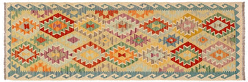 Flat Weave Kilim, Antique, Navaho, Vintage, Handmade, Geometric Kilim Gold Blue Hand-Woven Runner 100% Wool Area Rug 3 x 7
